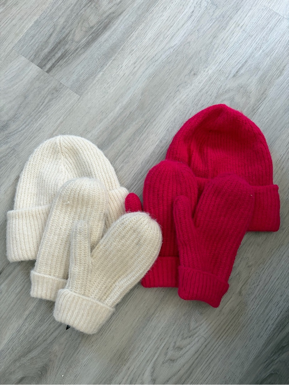 Ribbed Knit Hat & Mitten Set - Pink and Cream